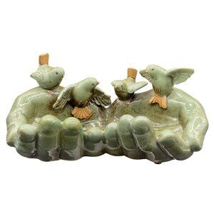 Vtg Art Pottery Ceramic Bird Feeder Sculpture Trinket Dish With Birds On Hands